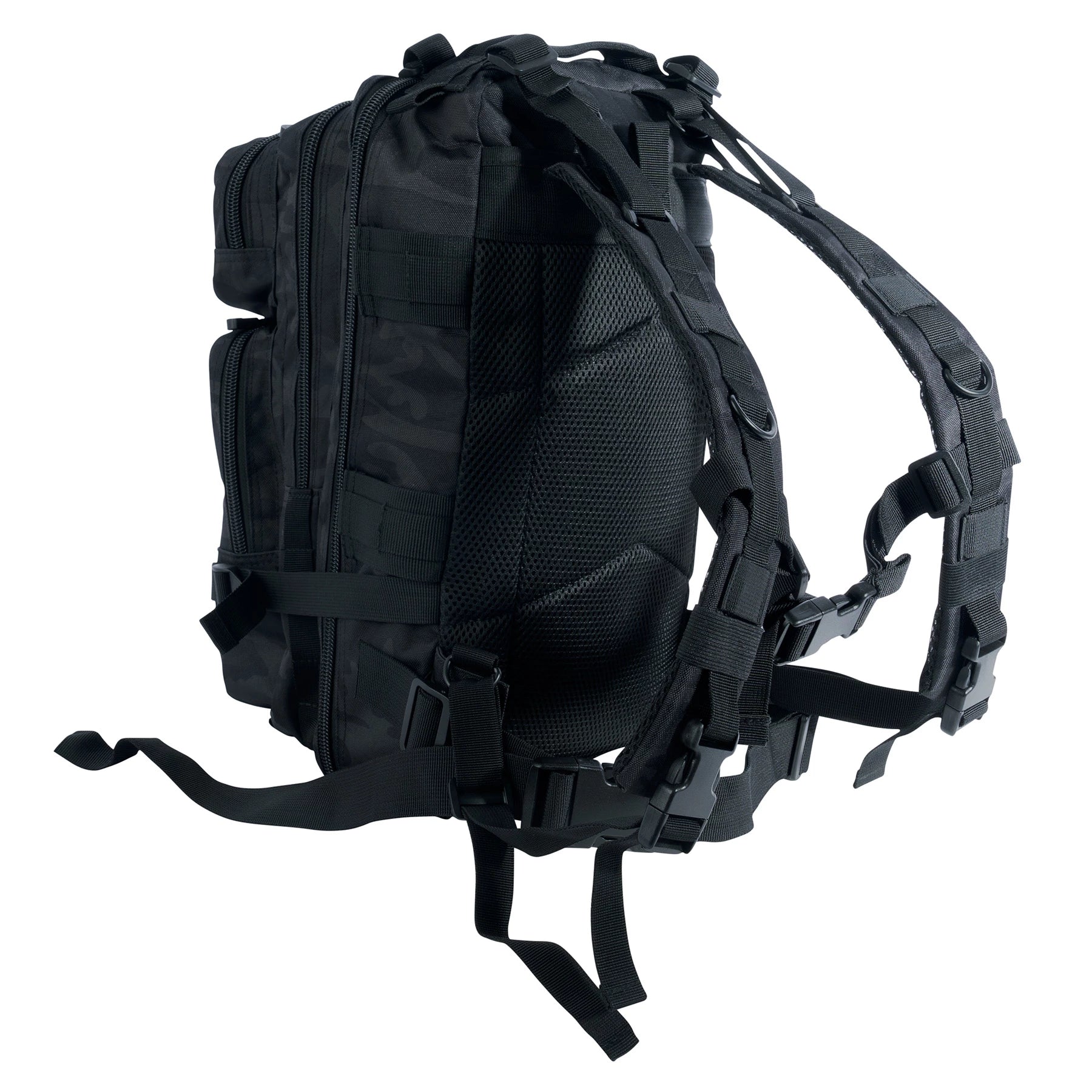 Black tactical backpack on a white background