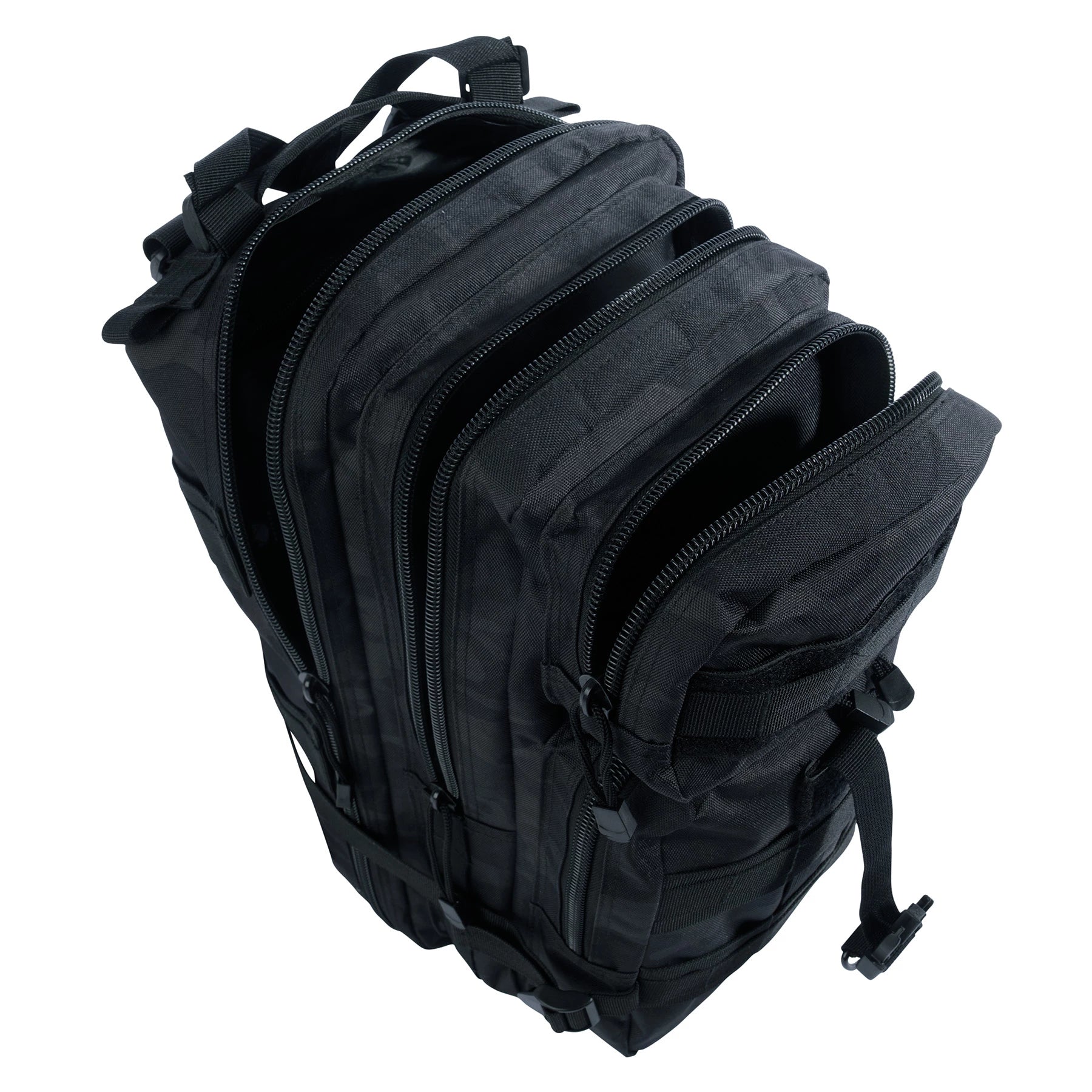 Black backpack with multiple compartments and zippers on a white background