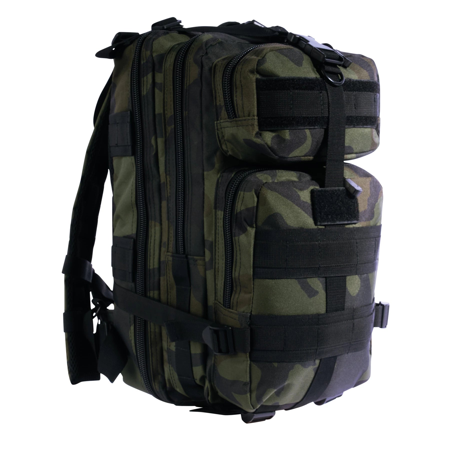 Camouflage backpack with black straps on a white background