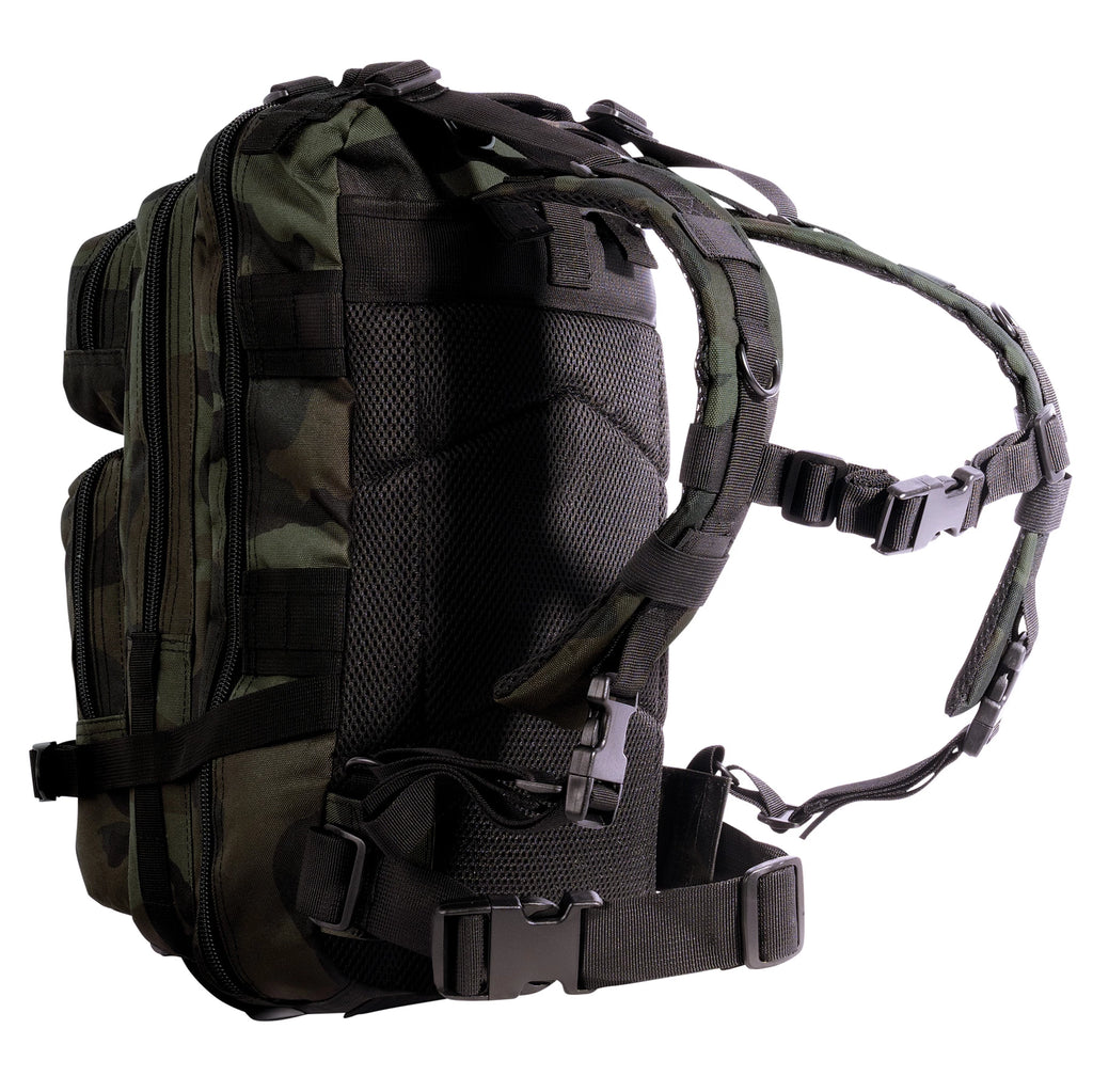 Camouflage backpack with multiple straps on a white background