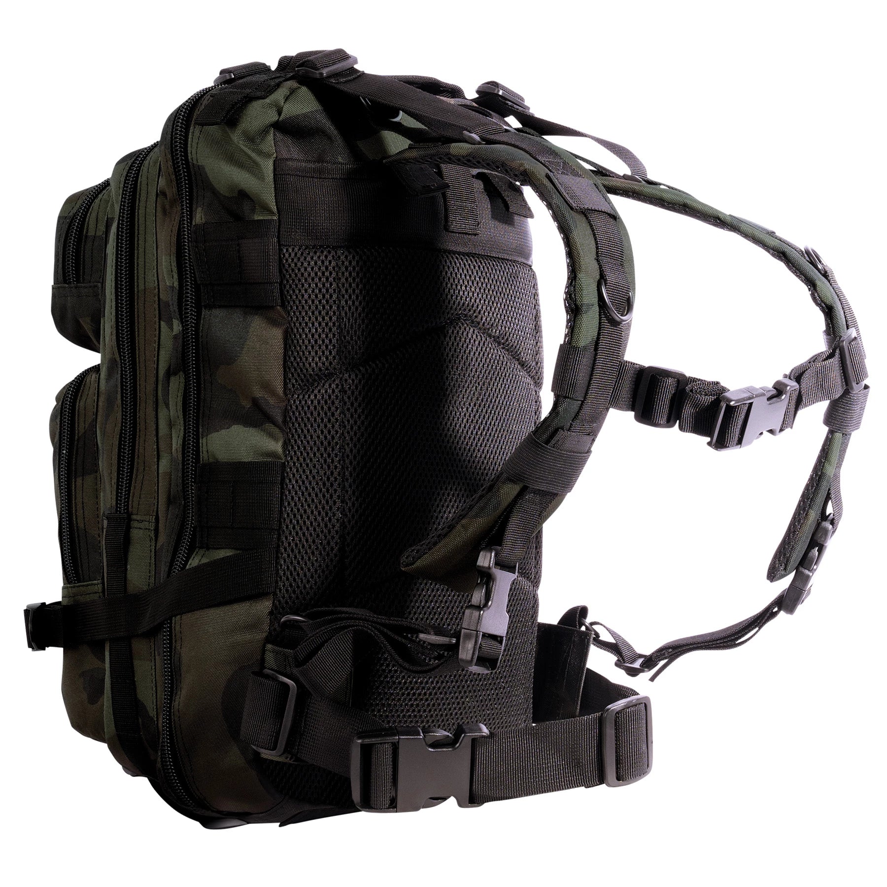 Camouflage backpack with multiple straps on a white background