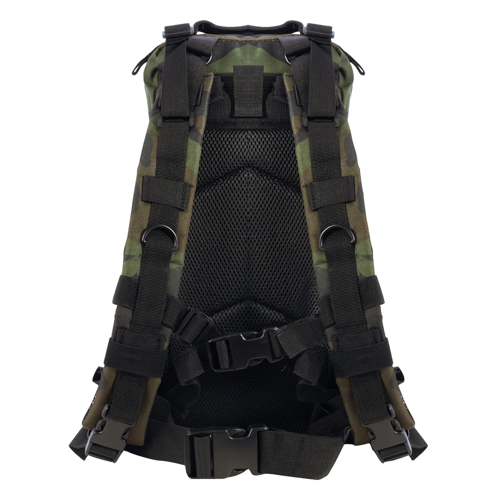 Camouflage backpack with black straps on a white background