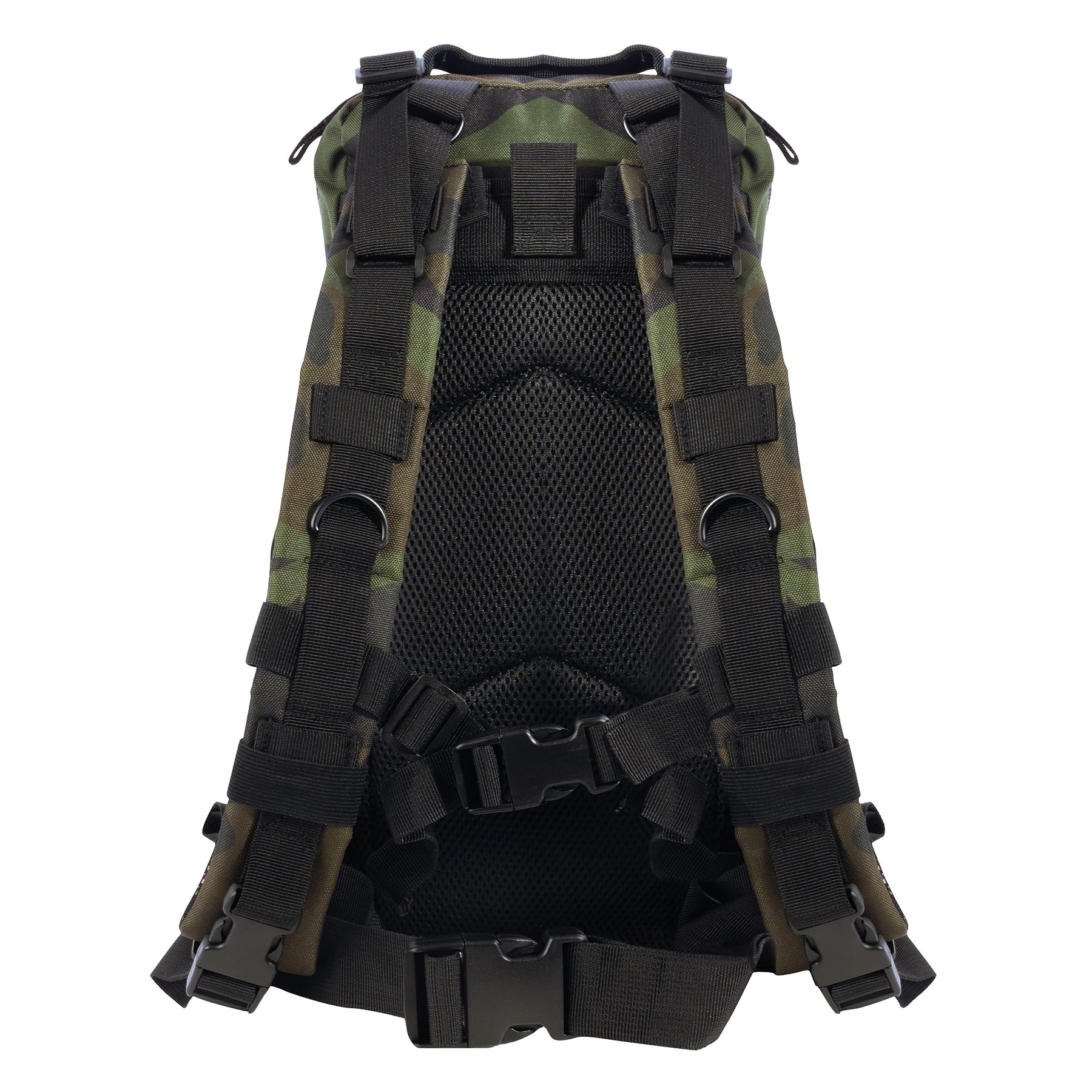 Camouflage backpack with black straps on a white background