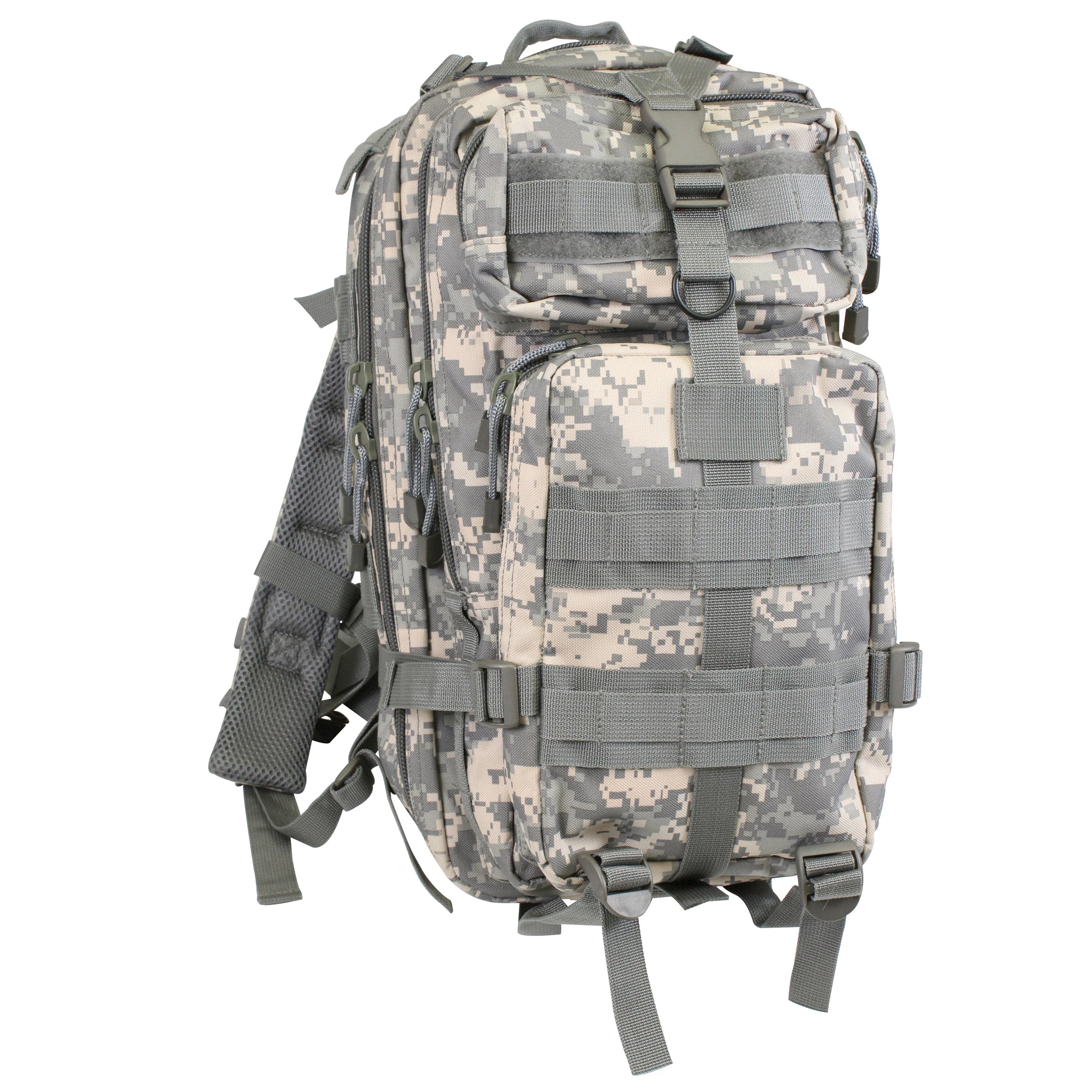 Camouflage backpack with multiple straps on a white background