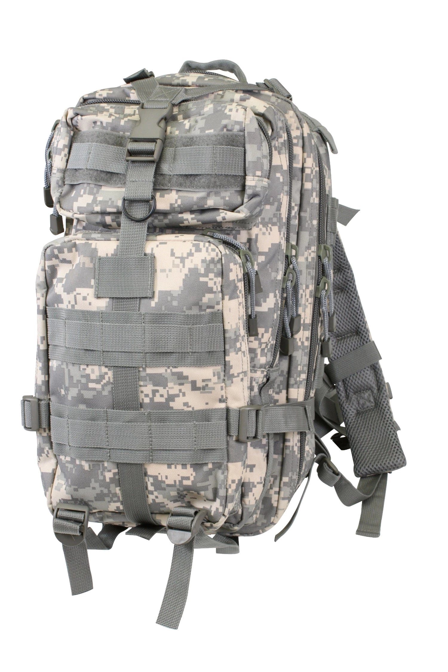 Camouflage military backpack on a white background