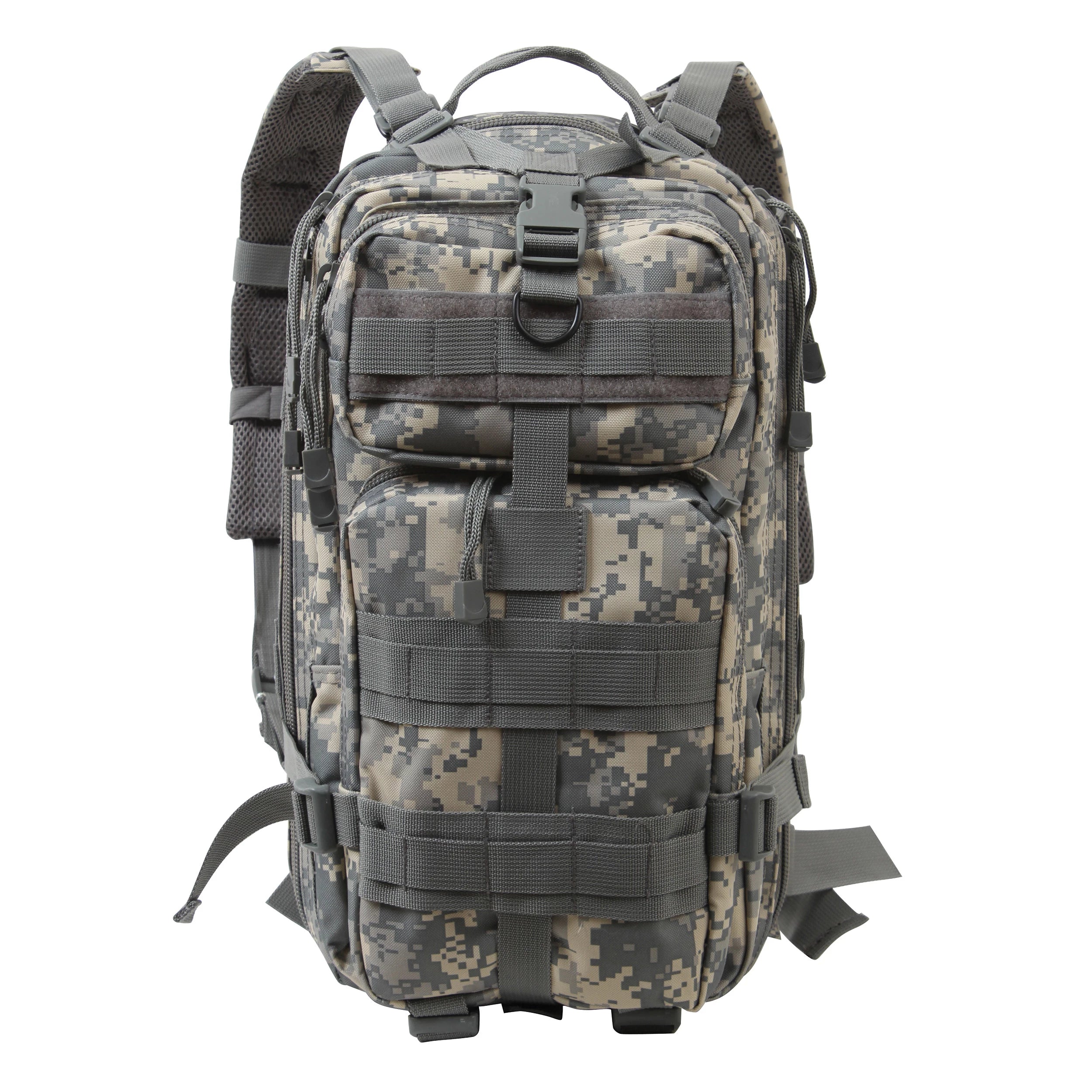 Camouflage backpack with multiple straps on a white background
