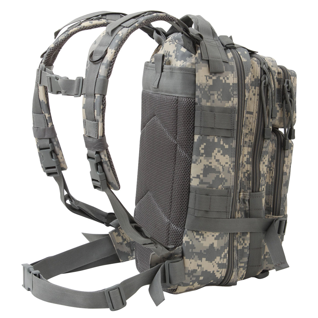 Camouflage backpack with tactical straps on a white background