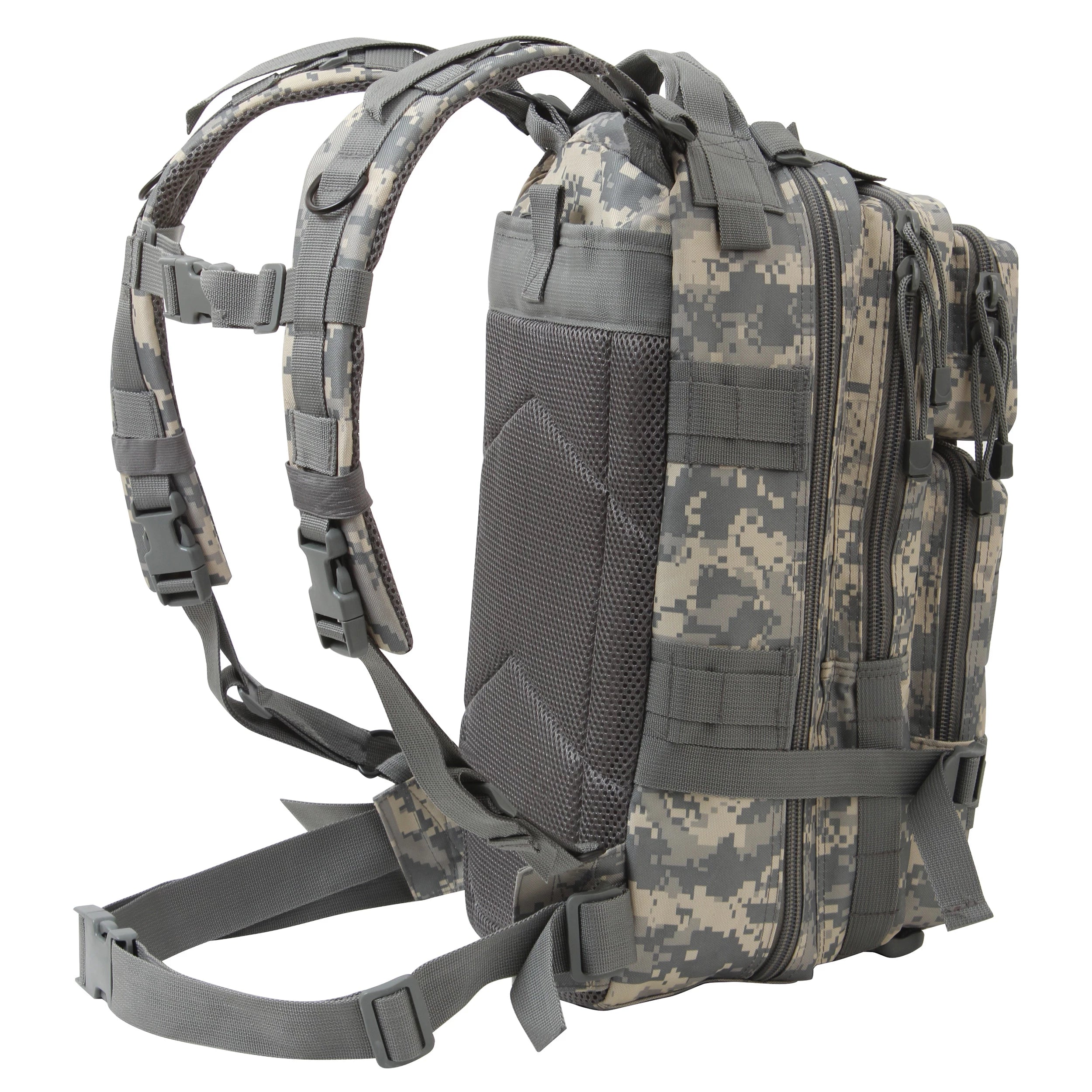 Camouflage backpack with tactical straps on a white background