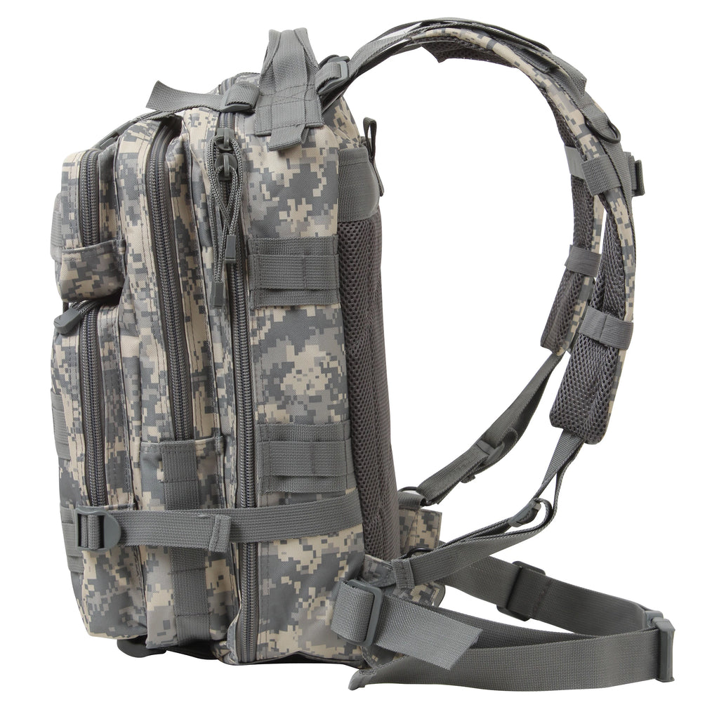 Camouflage backpack with multiple straps and zippers on a white background