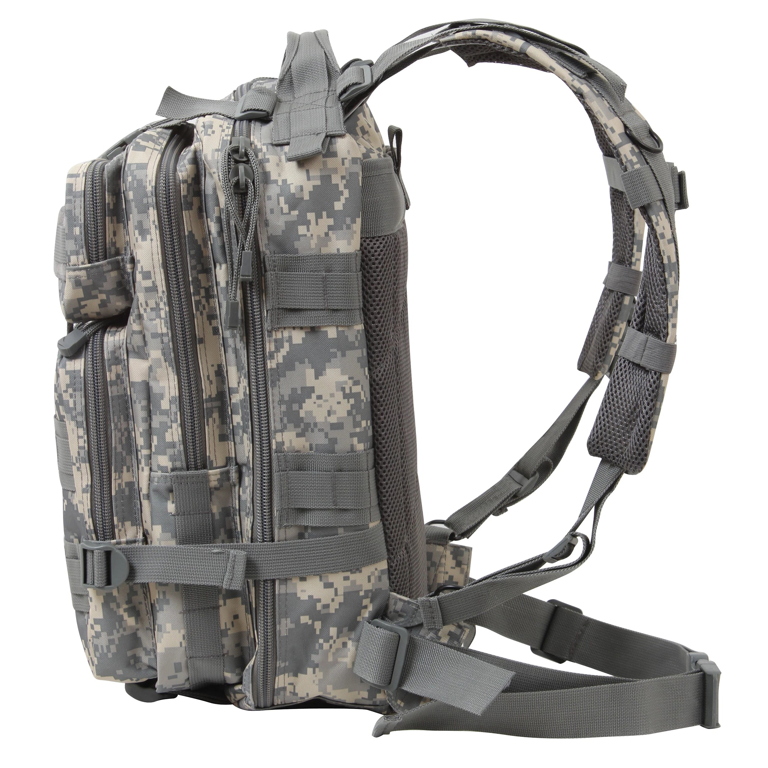 Camouflage backpack with multiple straps and zippers on a white background