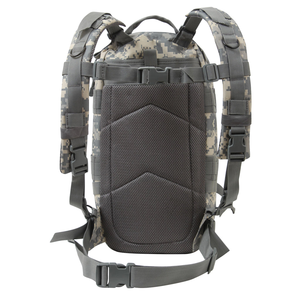 Tactical backpack with camouflage pattern on a white background