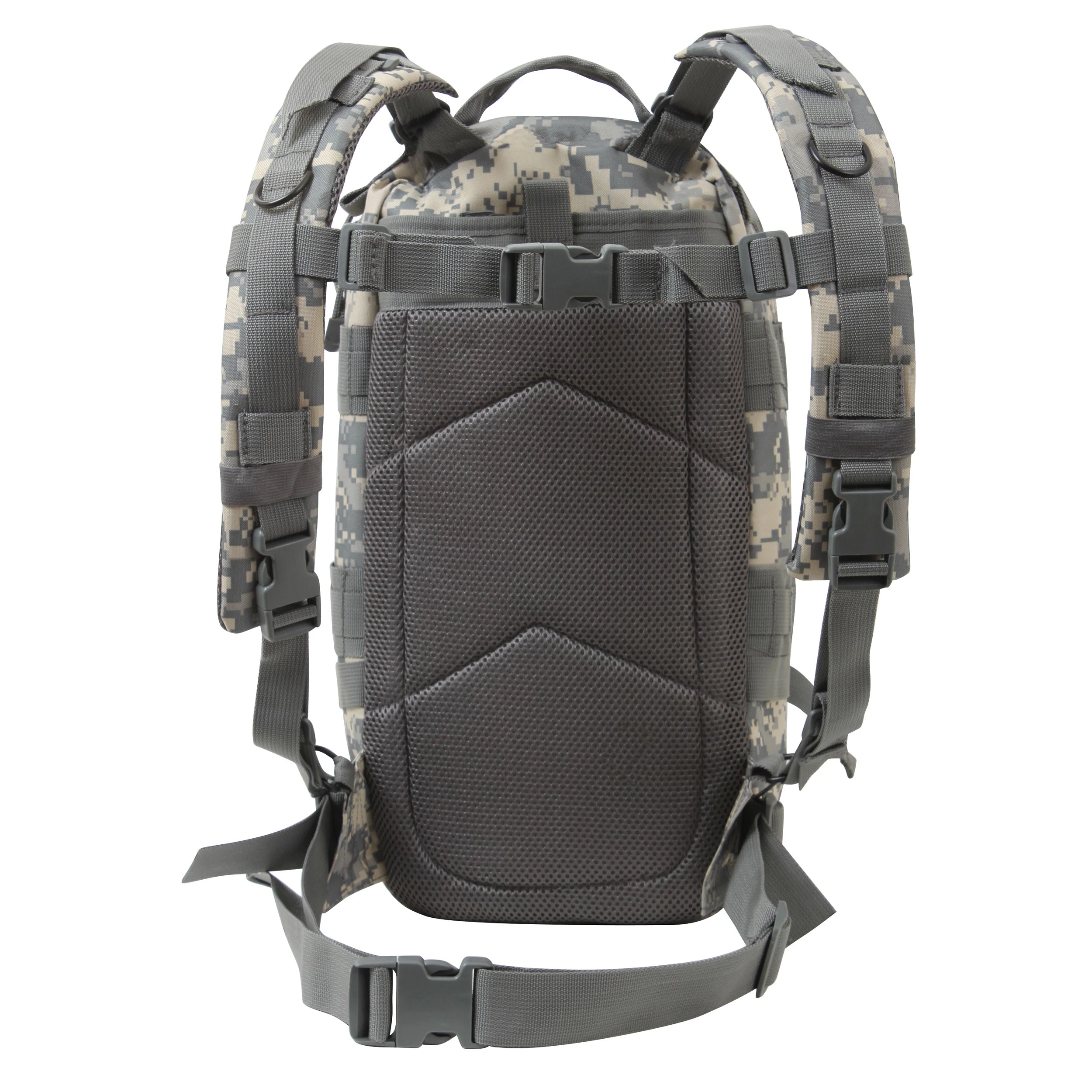 Tactical backpack with camouflage pattern on a white background