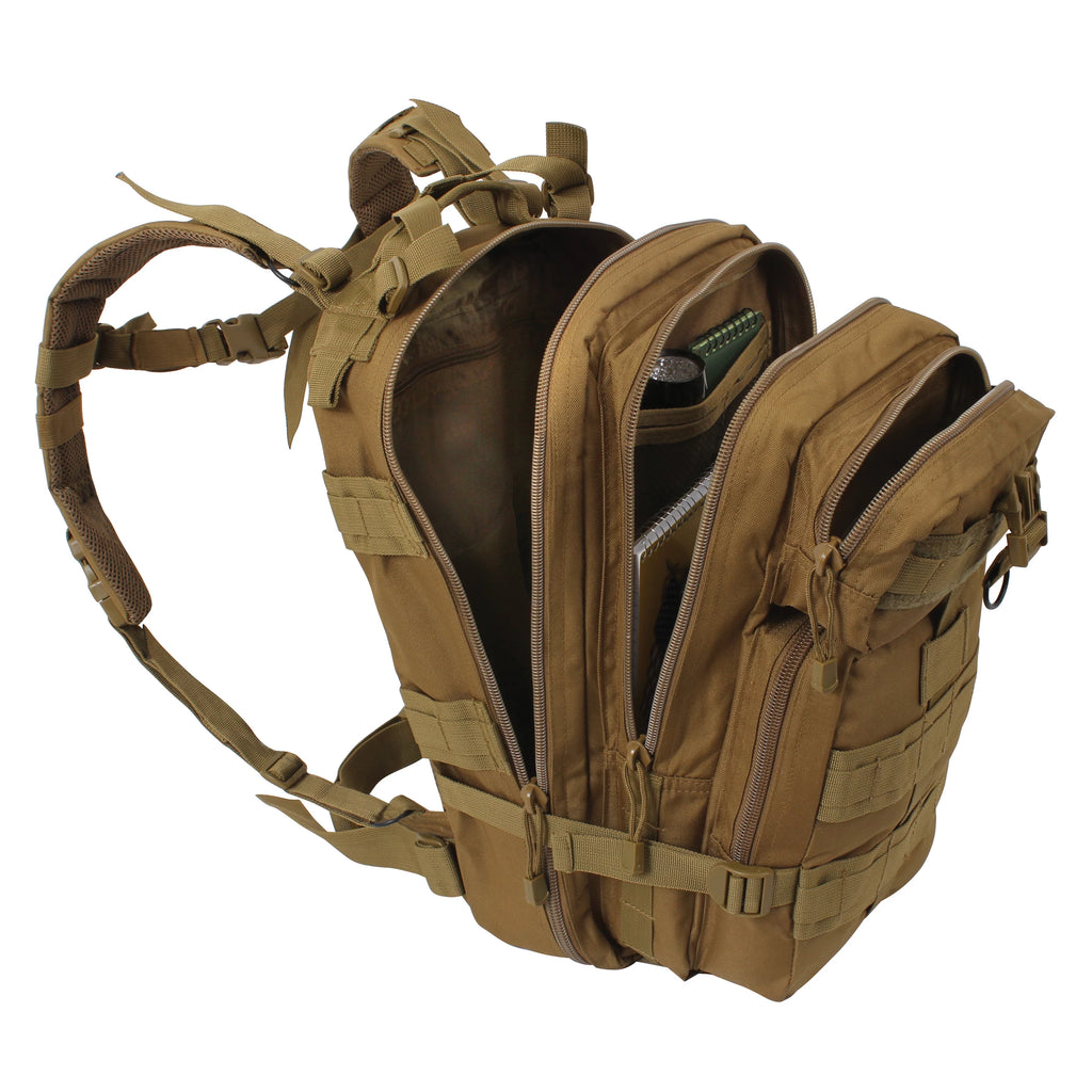 Tan tactical backpack with multiple compartments on a white background