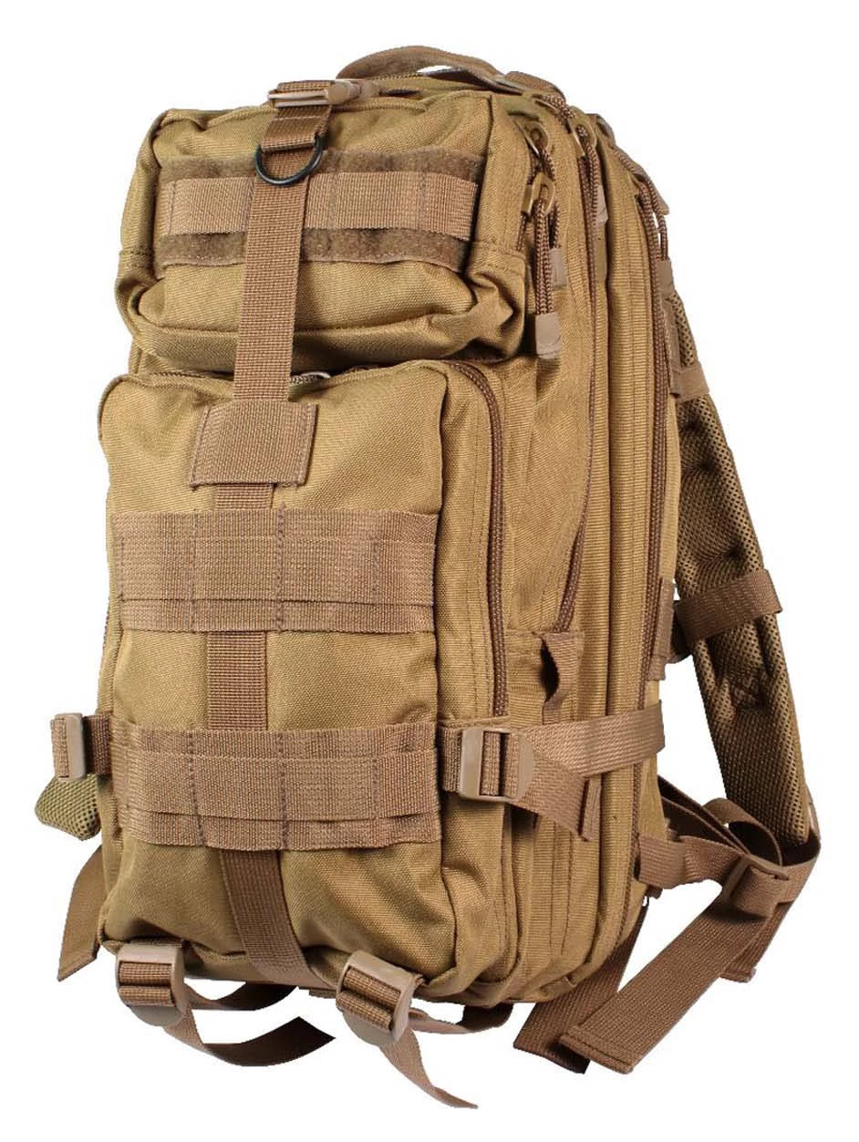 Tan tactical backpack with multiple straps and compartments on a white background
