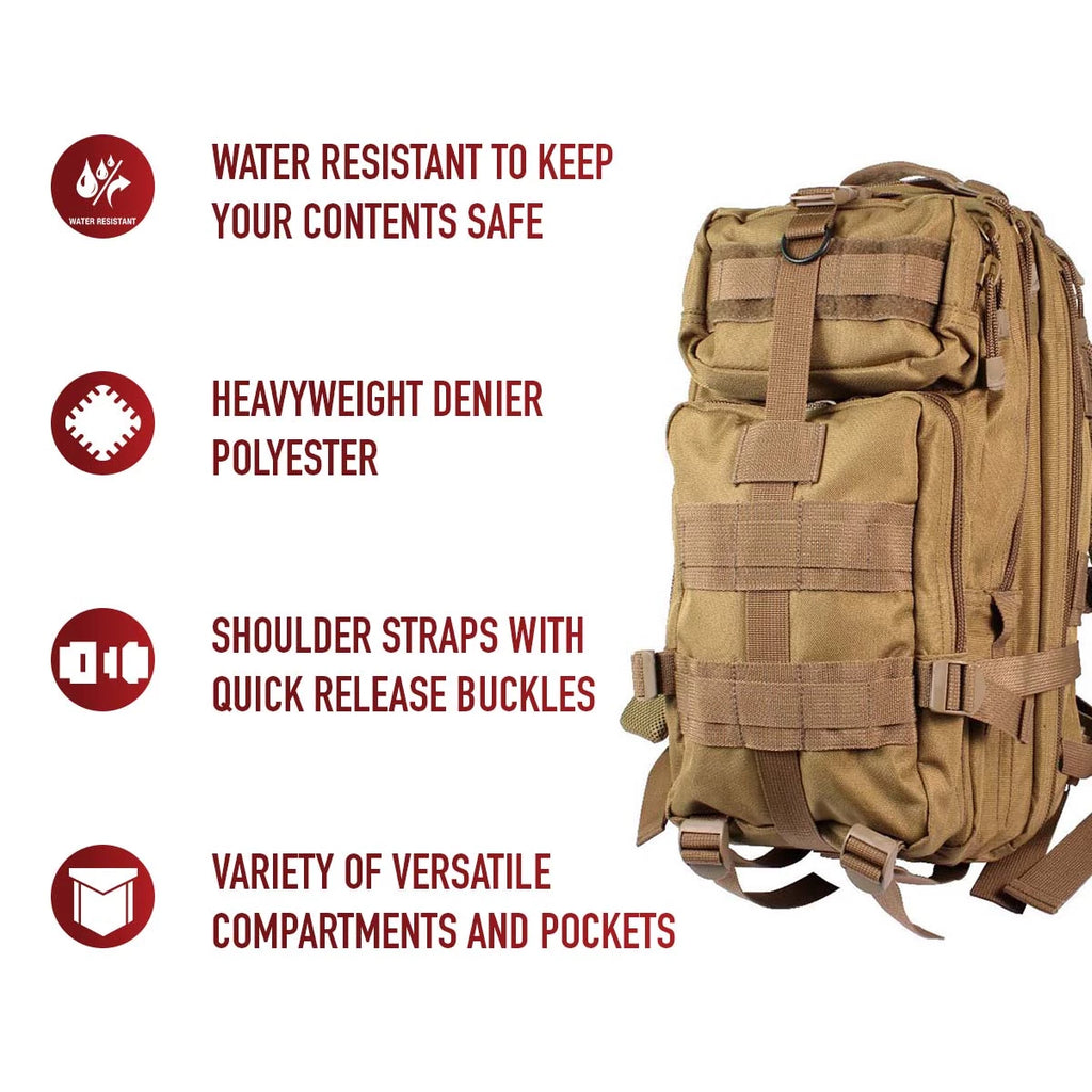 Tan military-style backpack with features listed on a white background