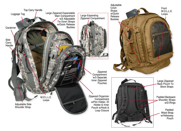 Rothco Move Out Tactical/Travel Backpack, showcasing compartments and other physical features