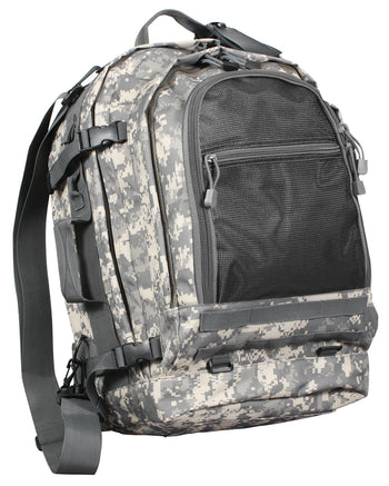 Rothco Move Out Tactical/Travel Backpack (Black), front view showing stowable shoulder straps, waist belt and chest restraint