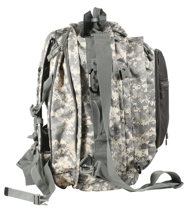 Rothco Move Out Tactical/Travel Backpack (ACU Digital Camo), side view showing straps for all three carry modes: Backpack, Shoulder Bag and Briefcase