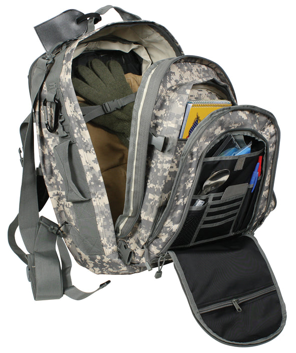 Rothco Move Out Tactical/Travel Backpack (ACU Digital Camo), breakout view showing main compartment and smaller compartments