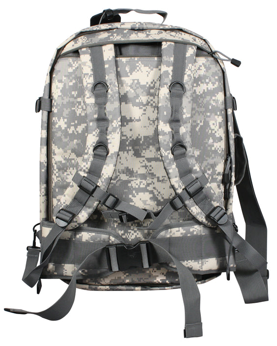 Rothco Move Out Tactical/Travel Backpack (ACU Digital Camo), front view showing stowable shoulder straps, waist belt and chest restraint