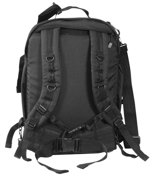 Rothco Move Out Tactical/Travel Backpack (Black), front view showing stowable shoulder straps, waist belt and chest restraint