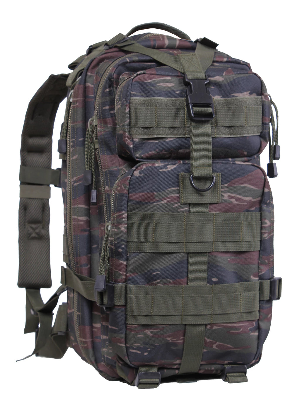Camouflage backpack with multiple straps and pouches on a white background