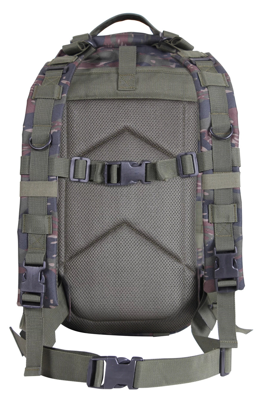 Green tactical backpack with camouflage pattern on a white background