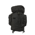 Rothco's 25L Military Tactical Backpack (Invisible Black), rear view showing main compartment, 2 side pouches and elastic top cover secured by drawstring and adjustable straps with side-release buckles.