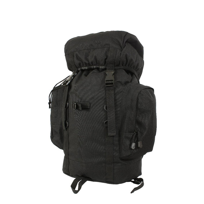 Rothco's 25L Military Tactical Backpack (Invisible Black), rear view showing main compartment, 2 side pouches and elastic top cover secured by drawstring and adjustable straps with side-release buckles.