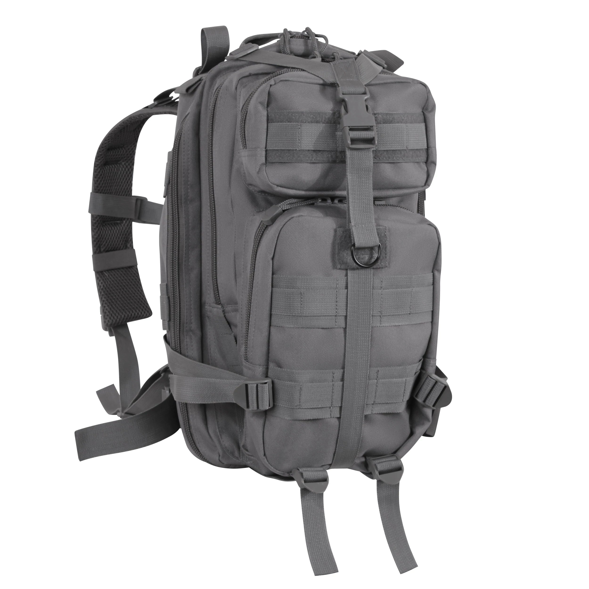 Gray tactical backpack on a white background