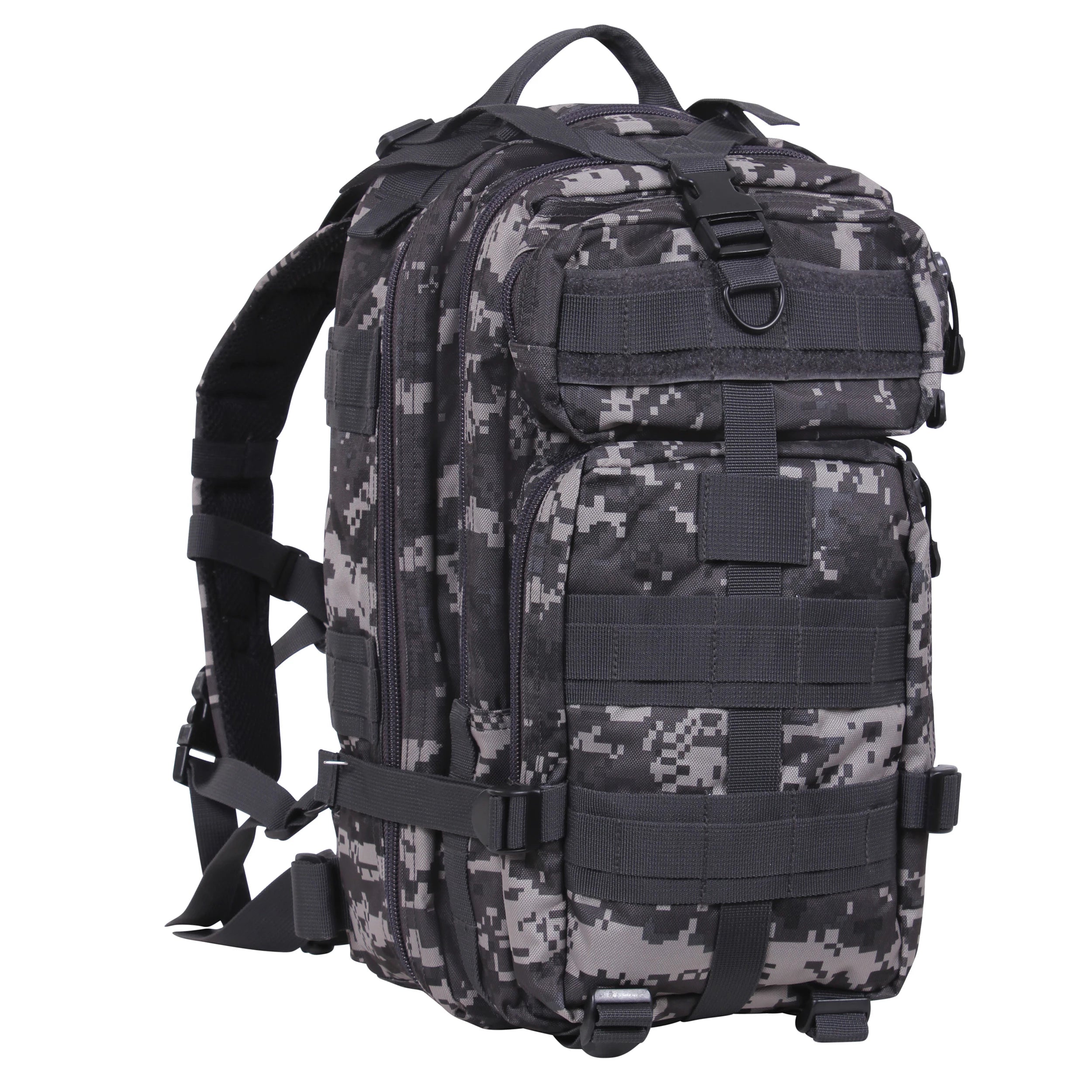 Camouflage backpack with multiple straps on a white background
