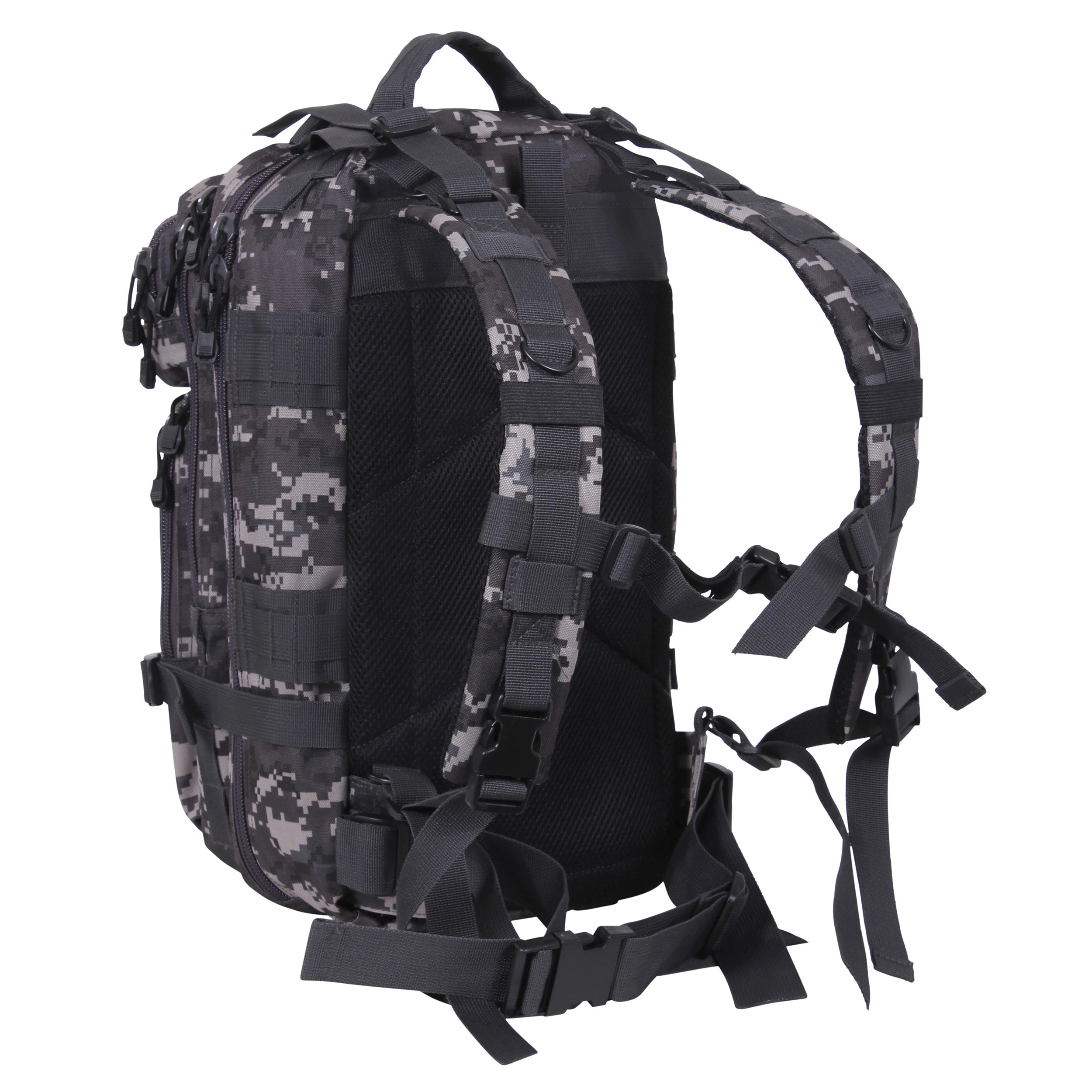 Camouflage backpack with multiple straps on a white background