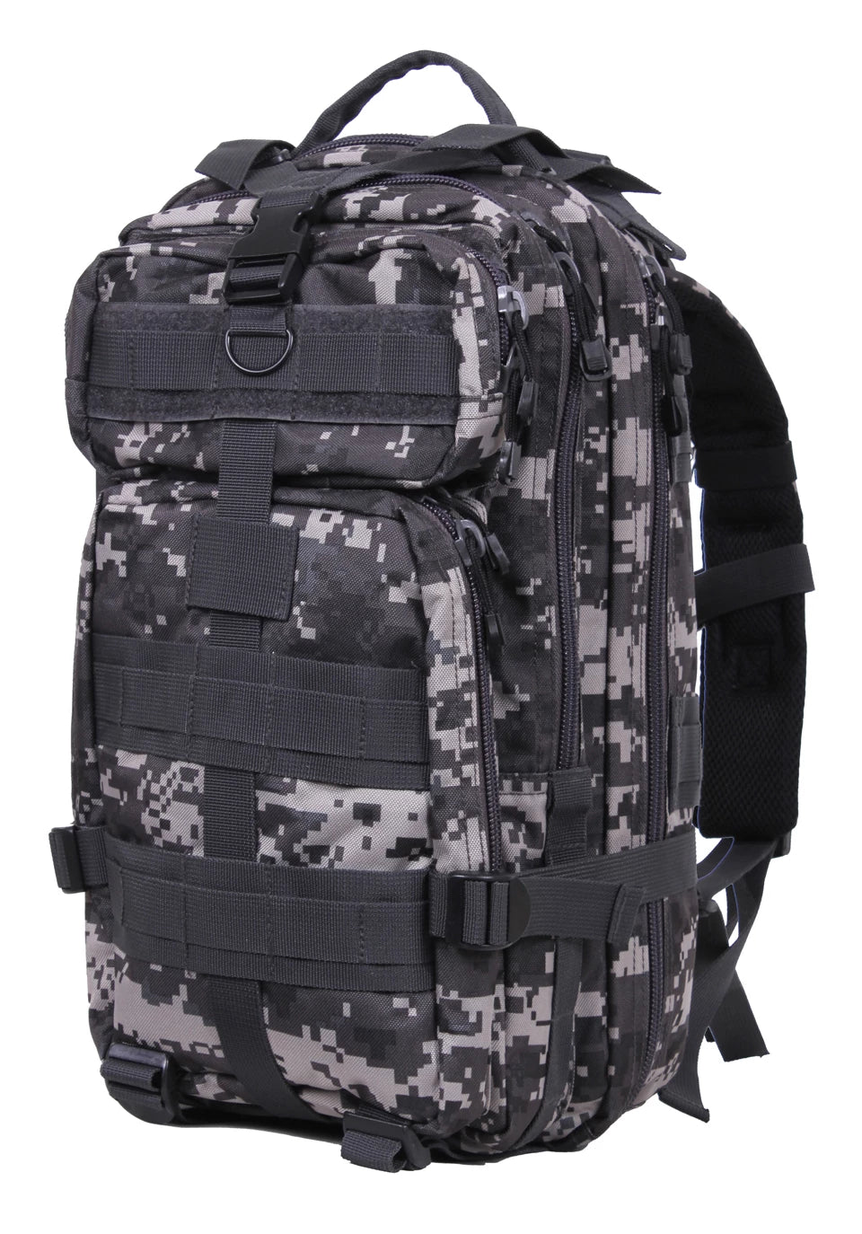 Digital camouflage backpack with multiple straps on a white background