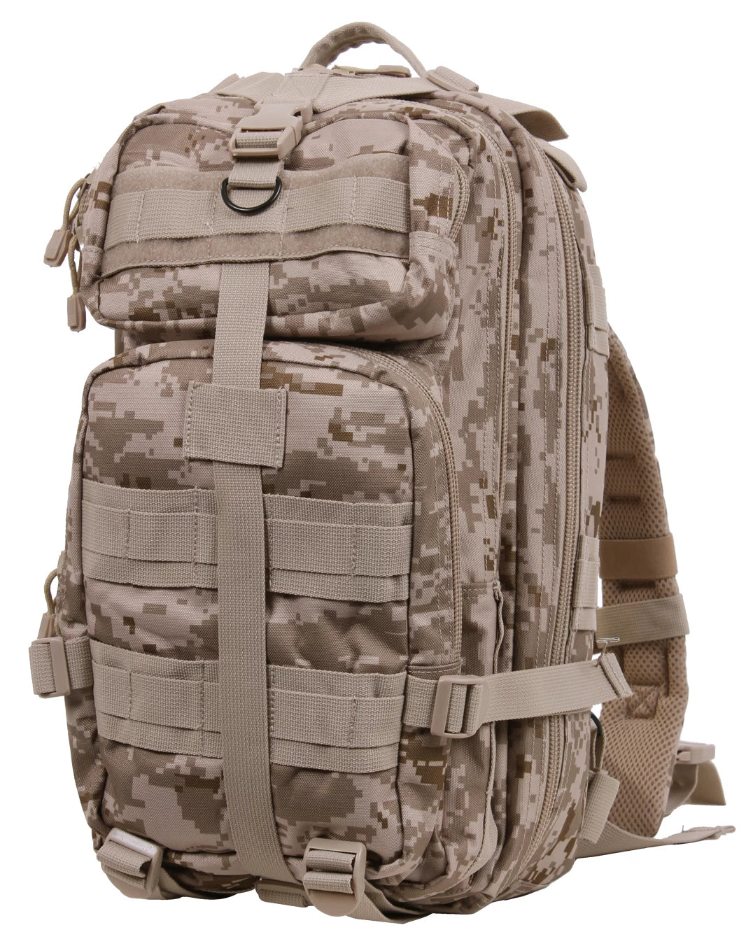 Camouflage backpack with multiple straps and compartments on a white background