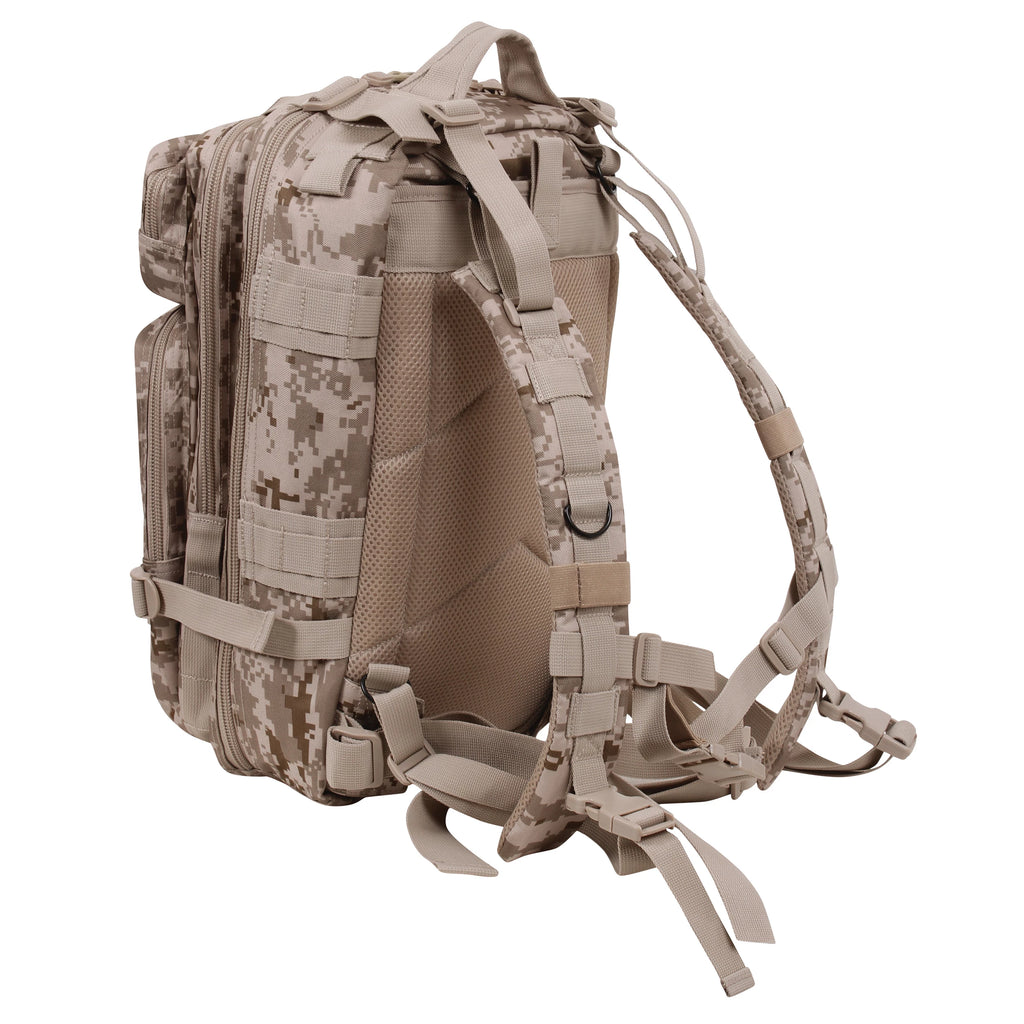 Camouflage backpack with multiple straps on a white background