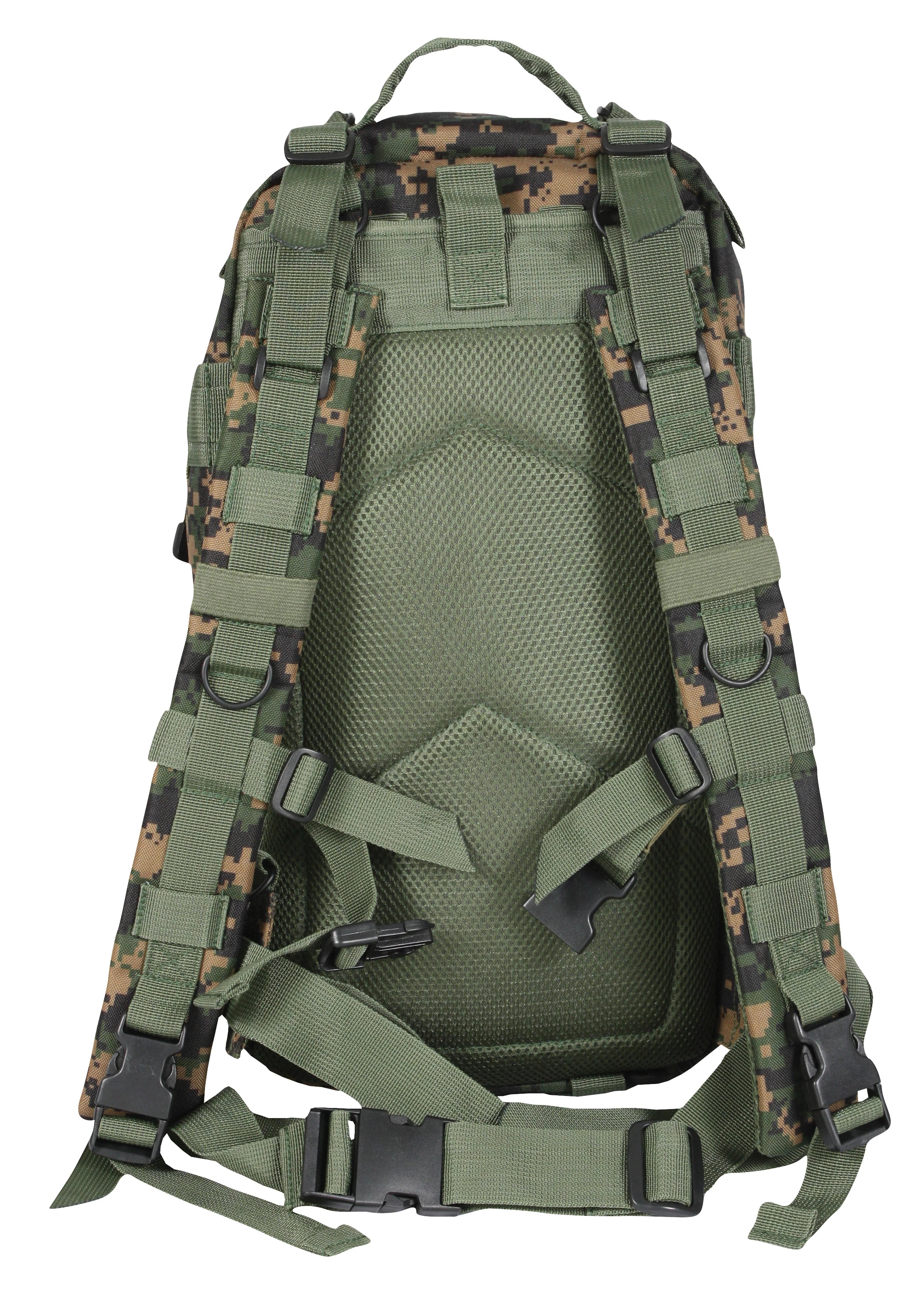 Green tactical backpack with camouflage straps on a white background