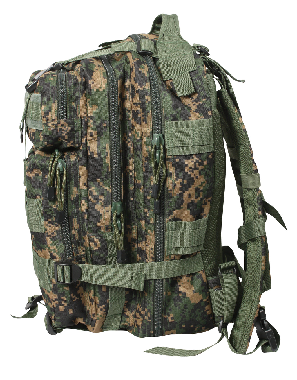 Camouflage backpack with multiple pockets and straps on a white background
