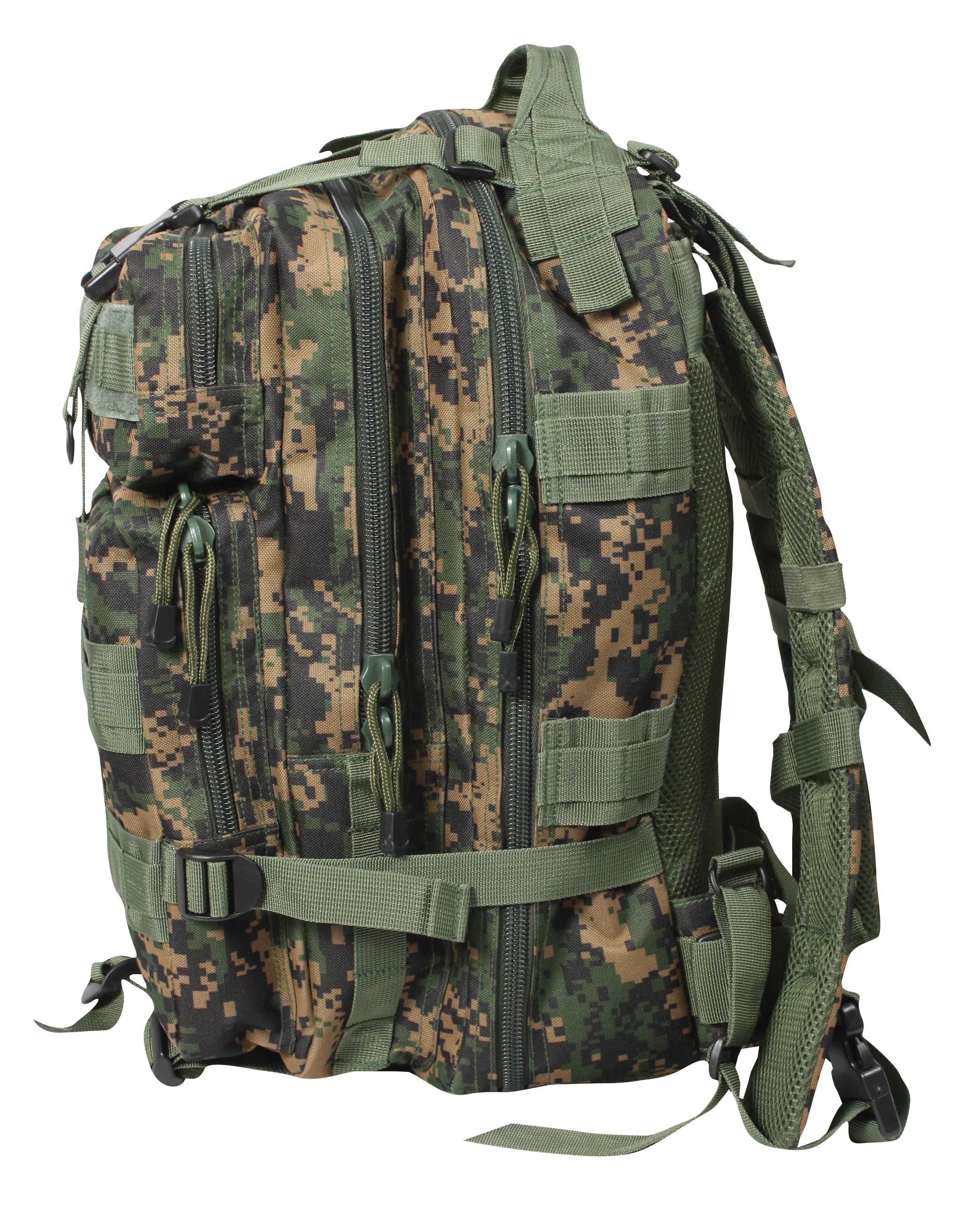 Camouflage backpack with multiple pockets and straps on a white background