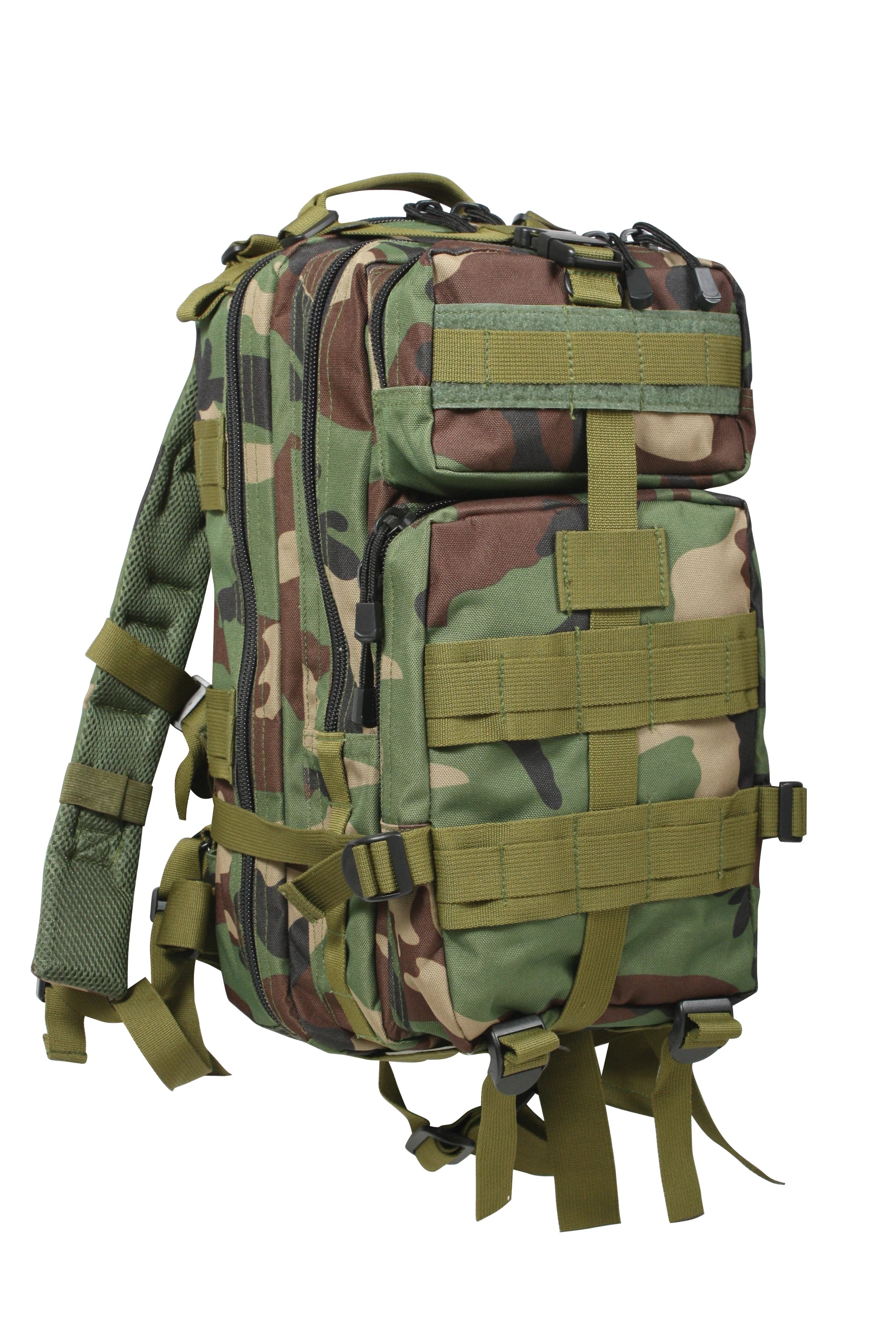 Camouflage backpack with multiple straps on a white background
