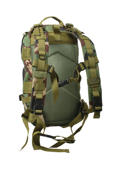 Rothco’s Medium Transport Tactical Backpack (Woodland Camo), rear view showing padded back and shoulder straps, side-release chest and waist straps, lifting handle and adjustable main straps with side-release buckles.