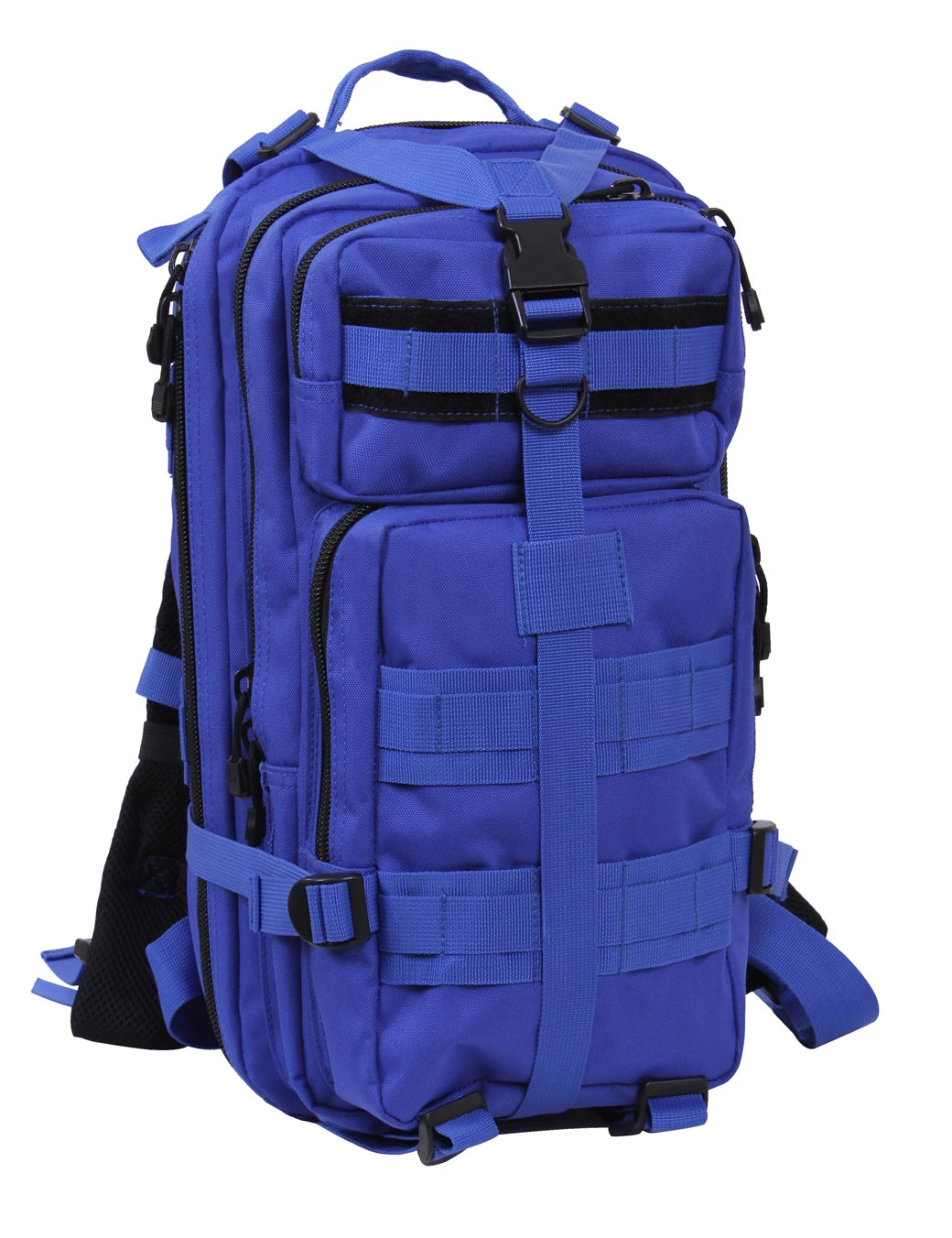 Blue tactical backpack with multiple straps and compartments on a white background