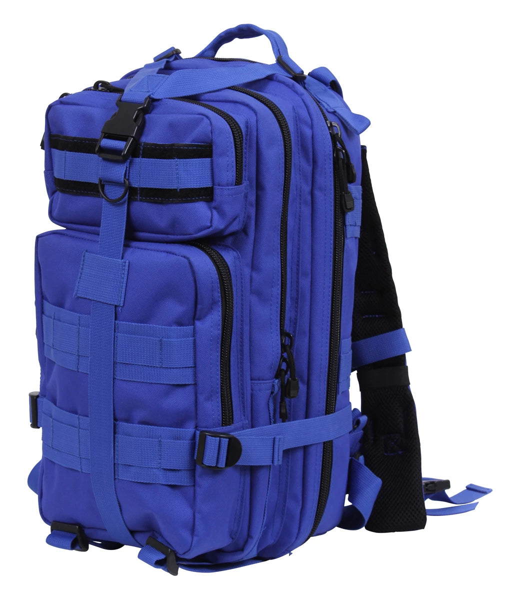 Blue tactical backpack with black straps on a white background