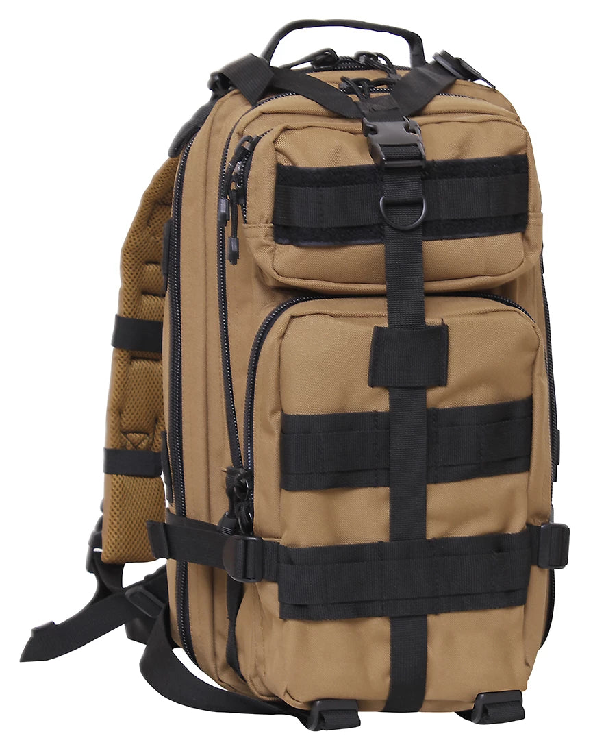 Tan backpack with black straps on a white background