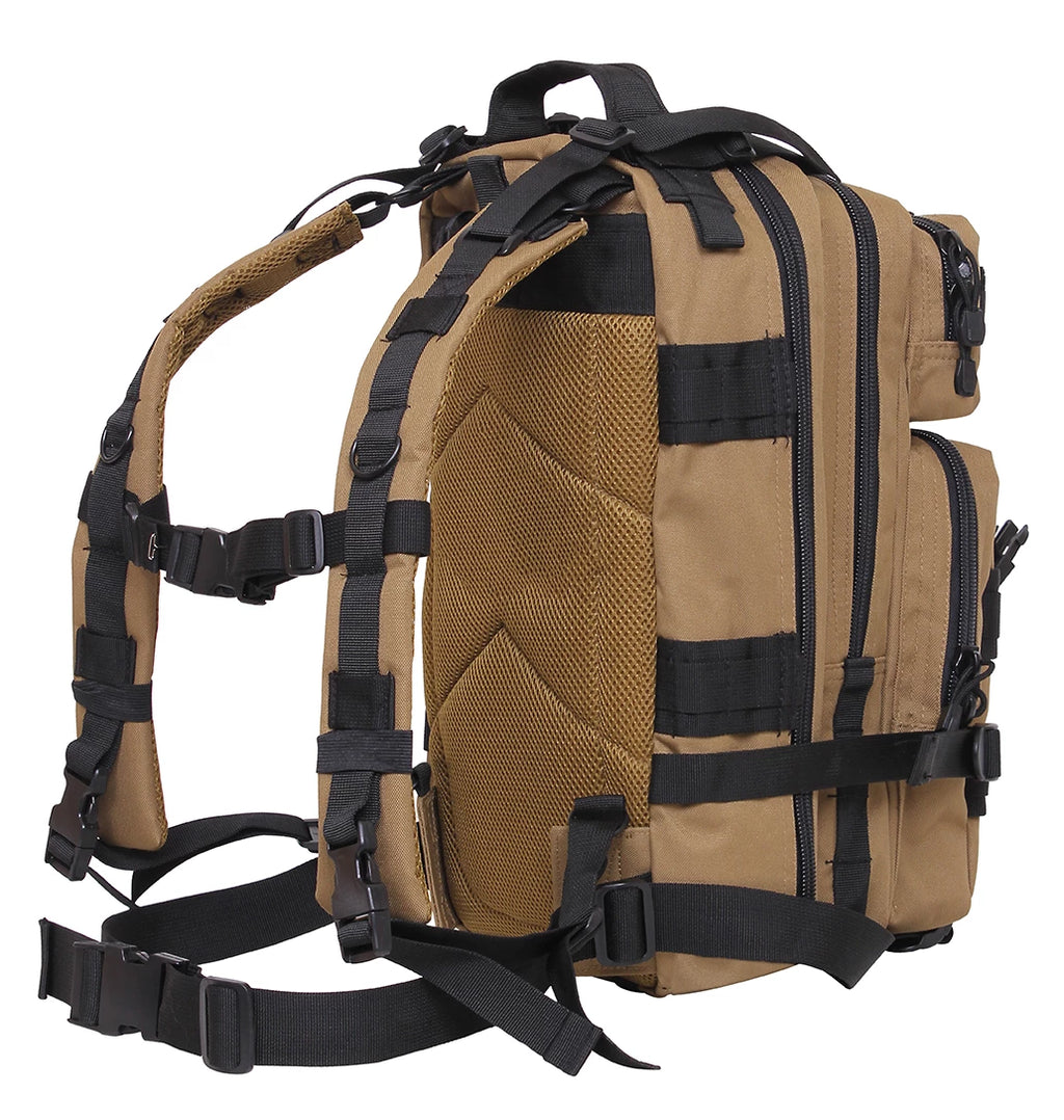 Tan military-style backpack with black straps on a white background