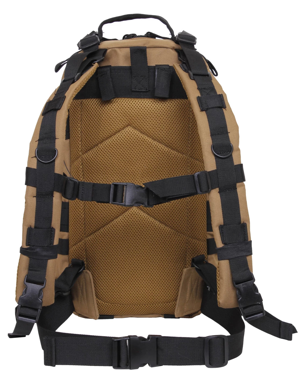 Tan backpack with black straps on a white background