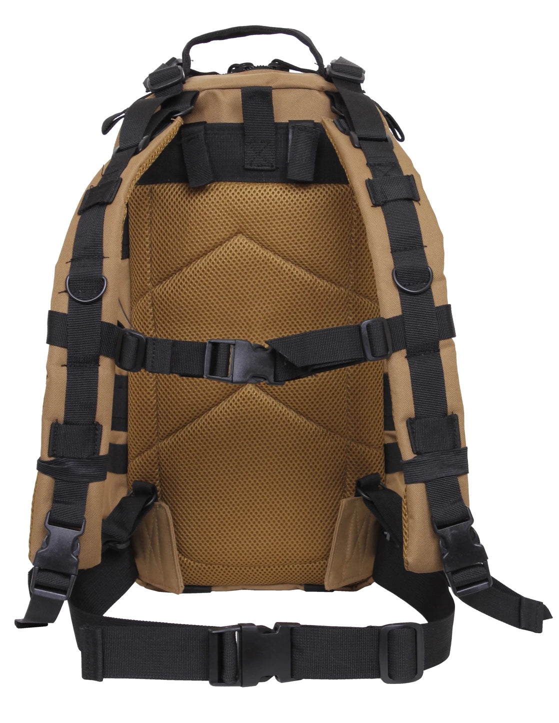 Tan backpack with black straps on a white background