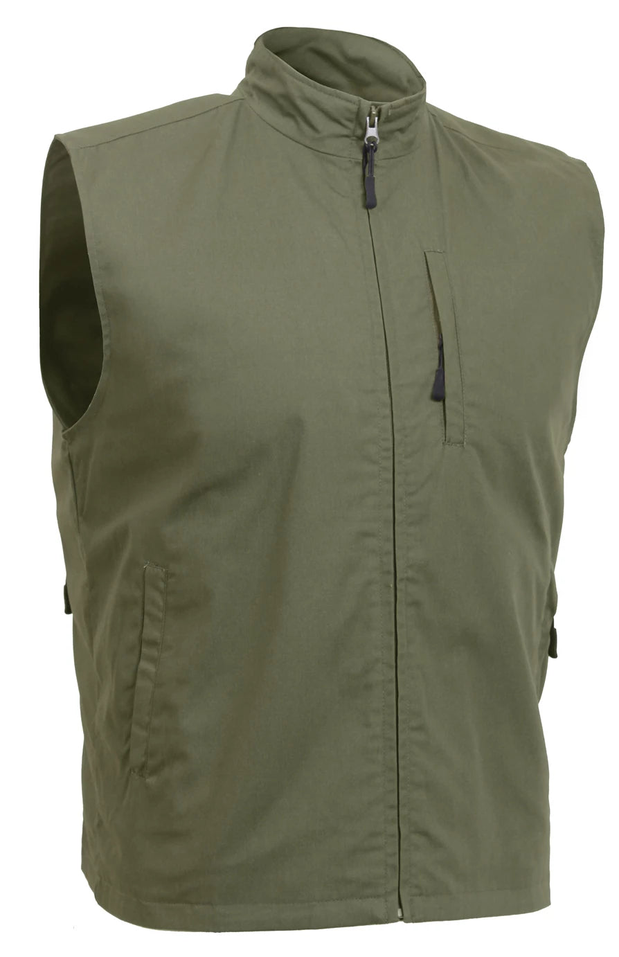 An olive green sleeveless zip-up vest with a stand-up collar, shown against a plain white background.