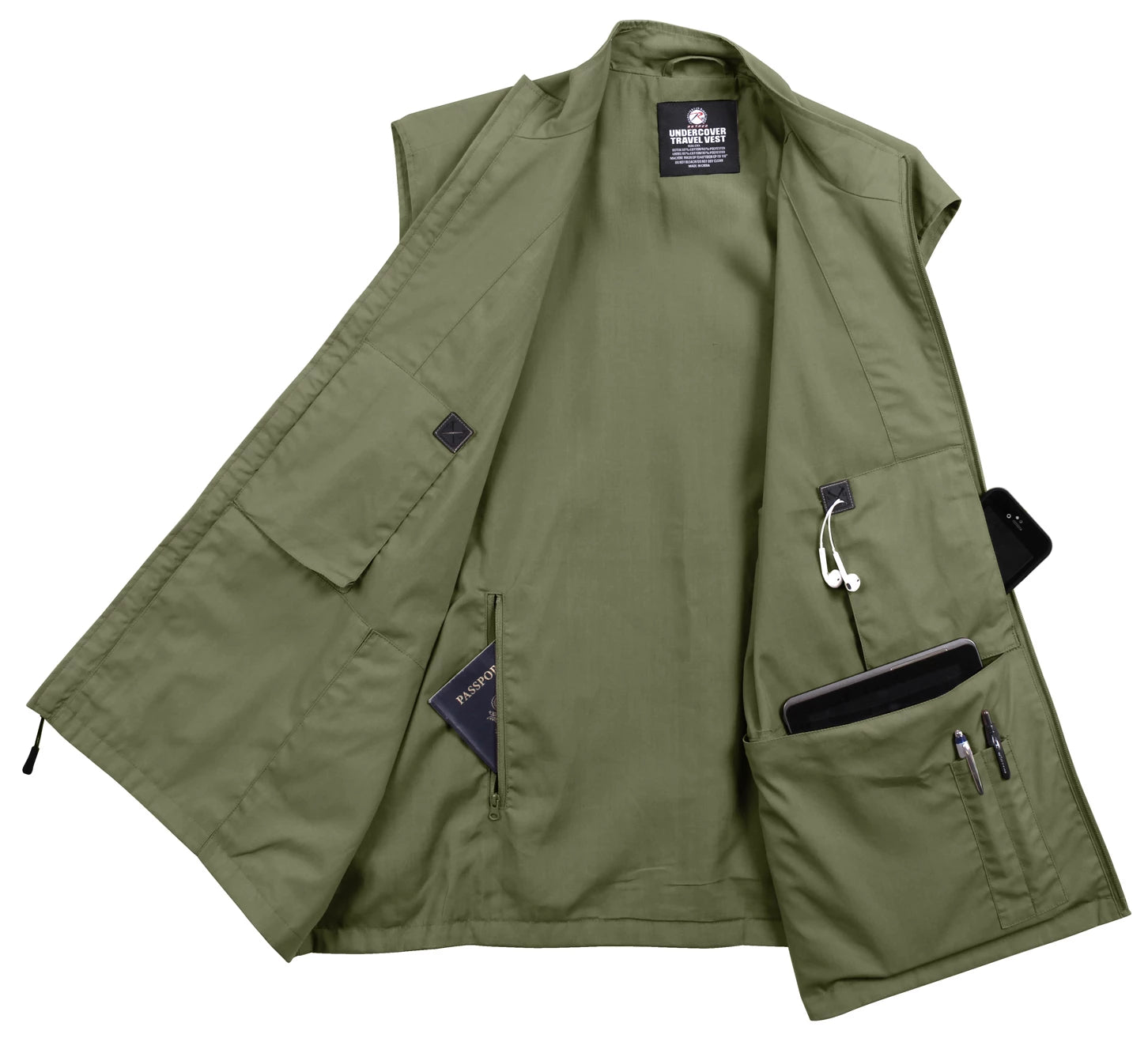Green vest with multiple pockets and a brand label on a white background