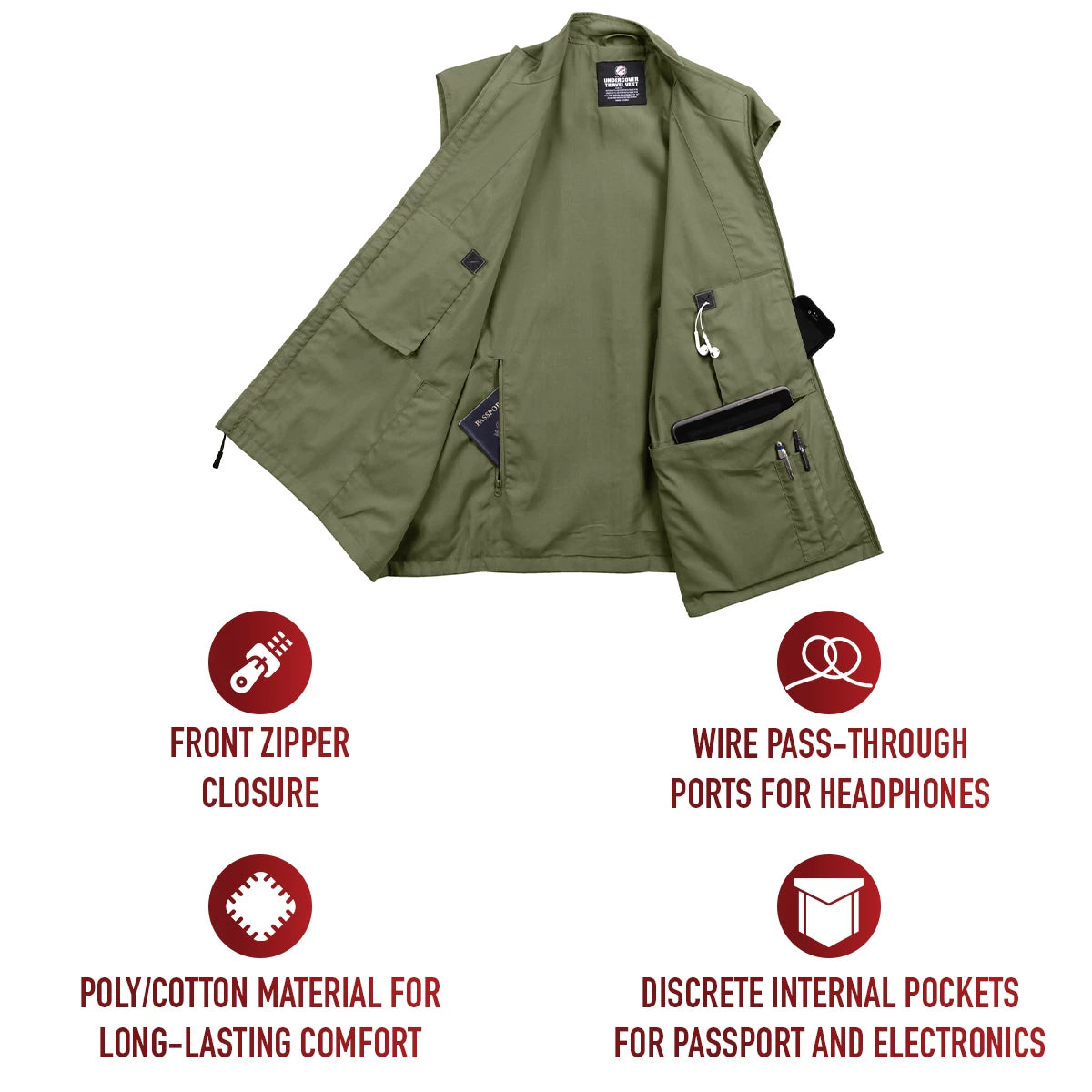 An olive green utility vest with multiple pockets and zippered details, shown on a white background with four red informational icons and text highlighting features like front zipper closure, wire pass-through headphone ports, long-lasting poly/cotton material, and discrete internal pockets.