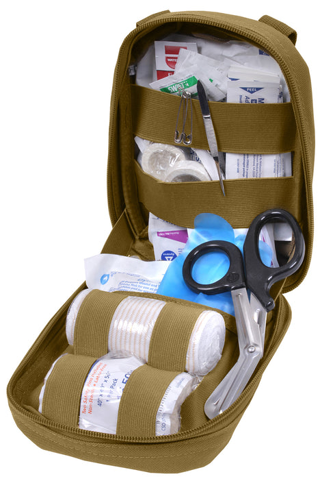 Rothco's MOLLE Tactical Trauma First Aid EMS Medical Kit shown open and stocked with the included medical supplies.